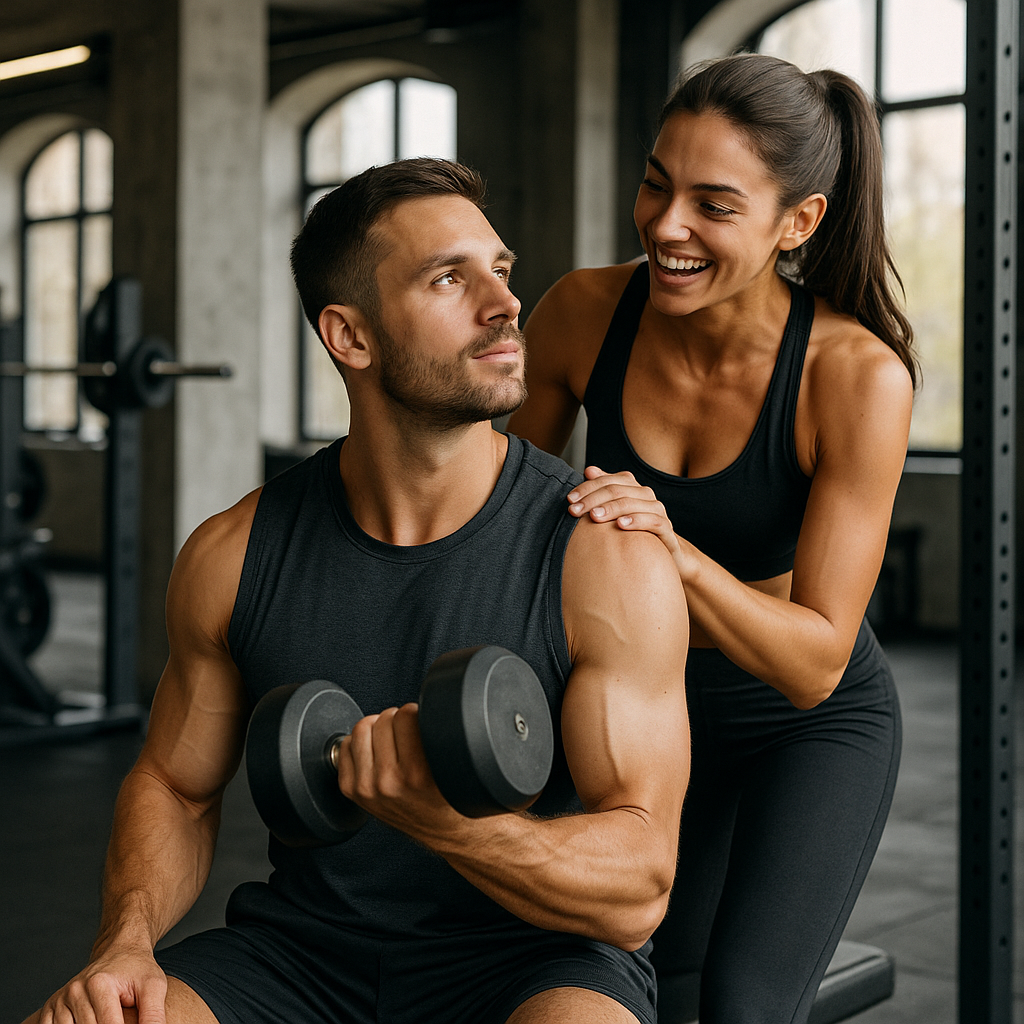Coppia in palestra con luce naturale